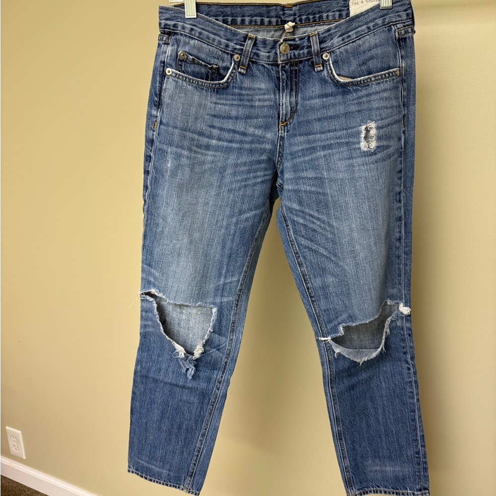 rag & bone Buckley Distressed Jeans Size 26 Straight Crop Knee Rip USA